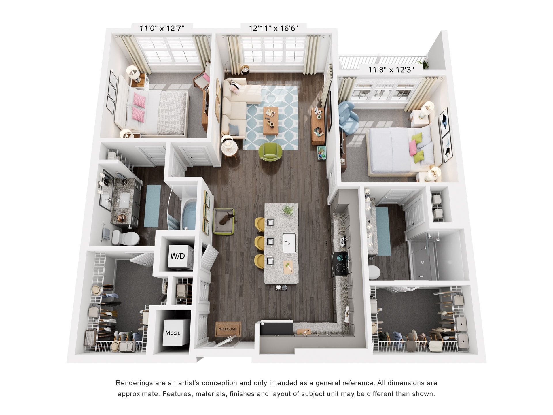Floor plan for 2 beds, 2 baths, 1157 sqft
